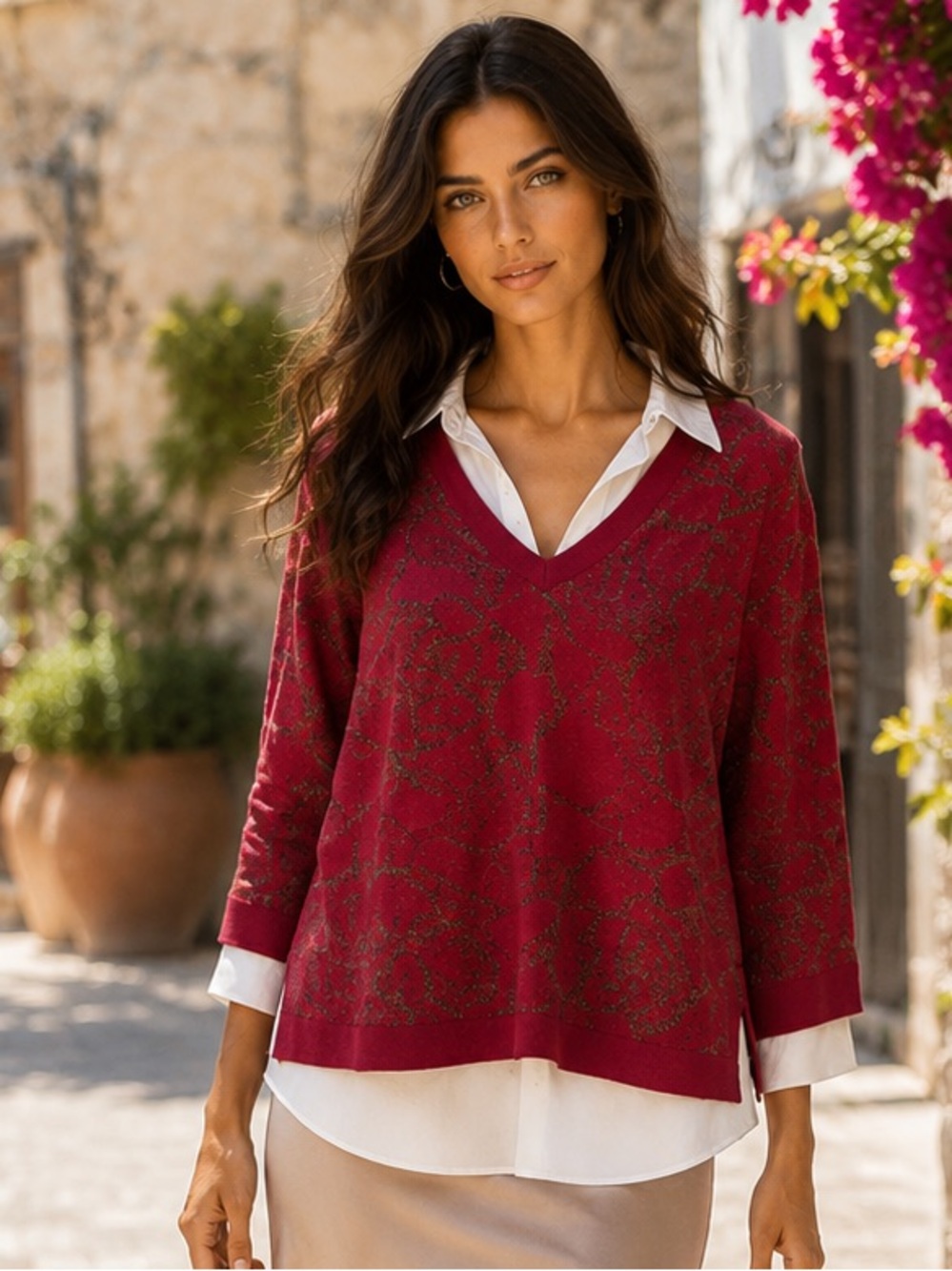 Ruby Rd. Burgundy V-Neck Blouse with White Collar